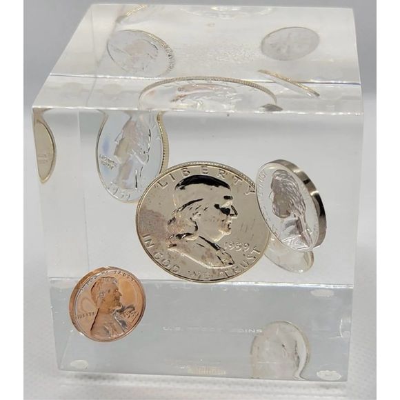 Vintage 1959 Floating Pop Art Lucite Clear Proof Coins Cube - Picture 10 of 11
